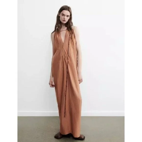 Zara Tan Halter Maxi Dress With Drawstring Back Detail Boho - Size S - Picture 3 of 7
